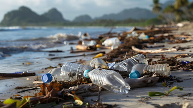 Environmental impact, Plastic bottles and trash on pristine beach highlighting pollution, ocean conservation and environmental impact