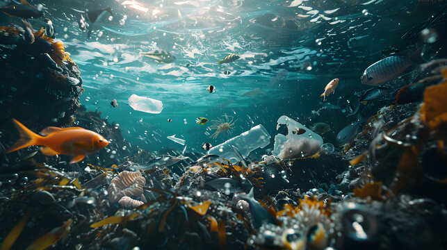 Environmental impact, Plastic waste floating in deep ocean highlighting marine pollution, environmental impact and conservation