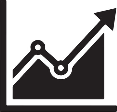 A black and white line graph icon showing positive growth trends with an upward pointing arrow for business data analysis