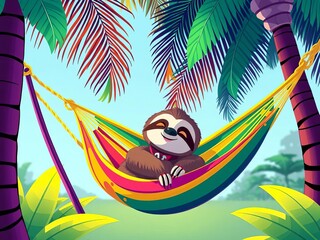 Fototapeta premium Cheerful cartoon sloth relaxing in a colorful hammock