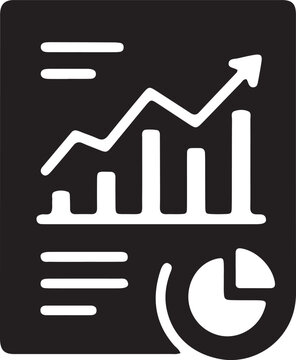Financial analytics report icon representing market growth, bar chart analysis, data visualization, and pie chart statistics in a clean flat style.