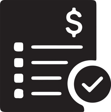 Black invoice document icon with dollar sign and checkmark symbol representing paid bill, tax calculation, financial statement, and payment approval concept.