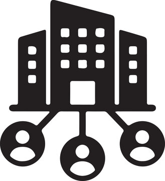 Corporate office building network icon showing company headquarters connected to remote employees or business team members in flat vector style.