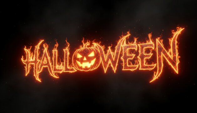 Fiery Halloween text illustration with glowing jack-o'-lantern, flaming typography banner on dark background for holiday promo