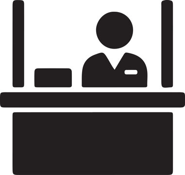 Simple black vector icon depicting a bank teller or clerk standing behind a service counter desk, ideal for financial customer support concepts.