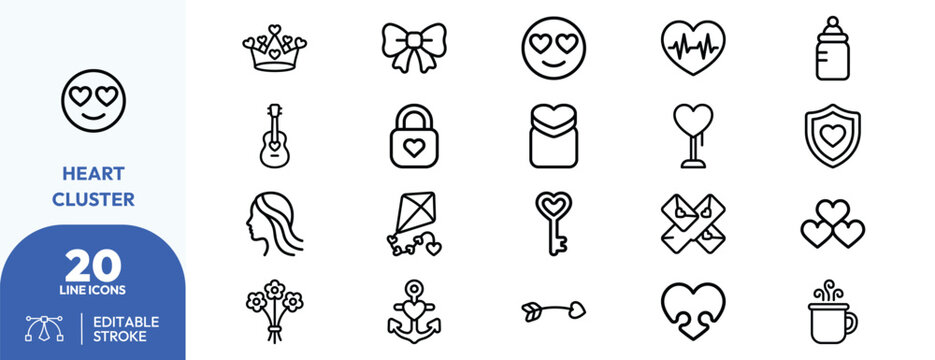 Love and family set. hearts, crowns, keys, anchors, baby bottle, guitar, flowers, ribbons, shields, kites. Editable stroke. Vector illustration.