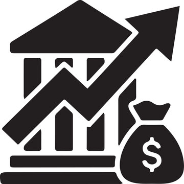 Minimalist black icon featuring a bank building with an upward growth arrow and a dollar money bag, symbolizing successful financial investments.