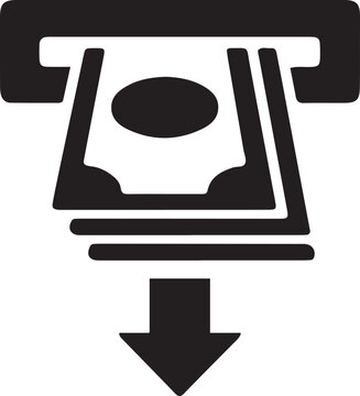 Black vector icon of cash bills being dispensed from an automated teller machine slot with a down arrow, representing fast money withdrawal.