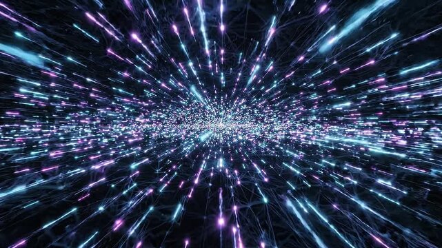 Abstract digital landscape with glowing blue and pink particles expanding outward, creating a sense of depth and motion in a dark environment