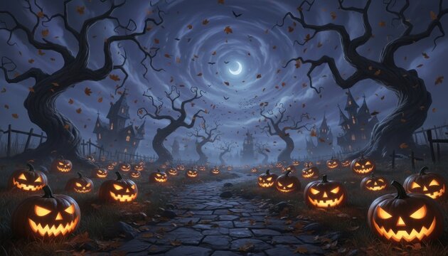 Spooky Halloween pumpkin patch illustration, glowing jack o lanterns on dark forest path, misty night horror background
