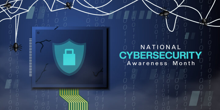 October Is National Cyber Security Awareness Month. Shield, padlock and spider. Great for cards, banners, posters, social media and more. Dark blue background.  