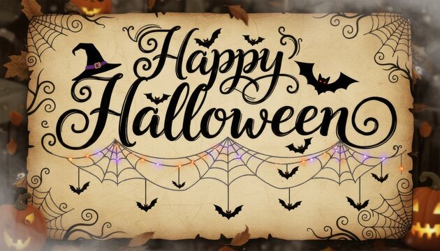 Vintage Halloween greeting illustration, ornate sepia parchment banner with bats and spider webs, spooky holiday poster