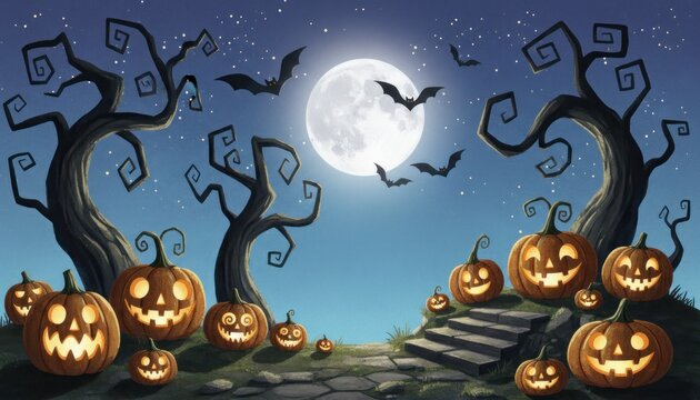 Spooky Halloween pumpkin illustration, glowing jack o lanterns in moonlit graveyard, haunted forest night scene for posters