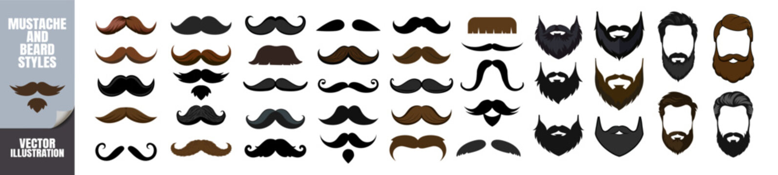 Vector set of diverse mustache and beard styles. Hipster facial hair silhouettes on transparent background.