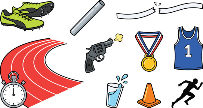 Track and field running sports vector icons set with track lane cleats baton starting pistol finish line medal stopwatch isolated on white background