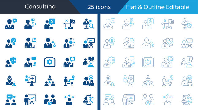 Consulting Flat and Outline Editable Vector Icon Set with Business Strategy, Financial Advisor, Project Management, Leadership, Teamwork, Workflow, Analytics and Client Consulting.