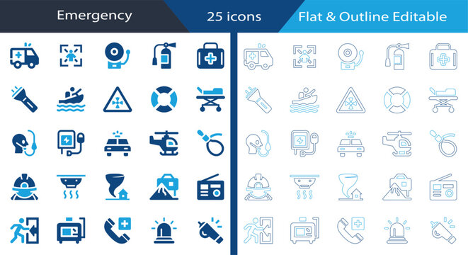 Emergency Flat and Outline Editable Vector Icon Set with Ambulance, First Aid, Fire Safety, Rescue Equipment, Evacuation, Medical Response, Disaster Warning and Emergency Services.