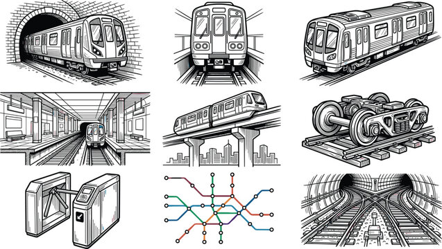 Subway and Metro Transit System Vector Line Icon Set with Underground Trains, Station Platforms, Turnstiles, Rail Tracks, and Transit Map for City Logistics Designs