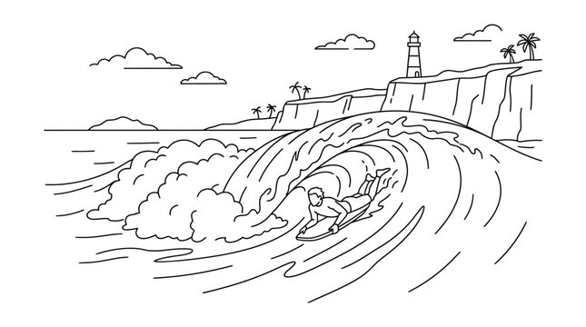Surfer bodyboarding inside large breaking ocean wave barrel.