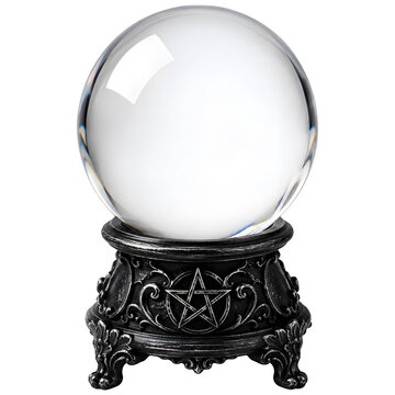 Crystal magic ball on ornate gothic stand isolated on transparent background.