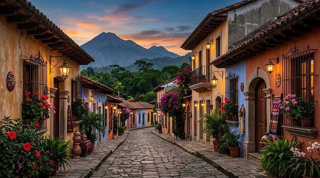 Charming colonial cobblestone street at dusk with volcanic mountain backdrop. Quaint Latin American village scene featuring colorful facades and wa...