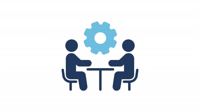 Animated Business Collaboration Icon. Teamwork Meeting with Gear Symbol for Corporate Process Management, Technical Support Strategy, and Partnership Workflow UI