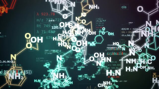 Layered chemical structures and equations drift through a dark scientific space with cinematic depth, ideal for pharma marketing, education and research media.