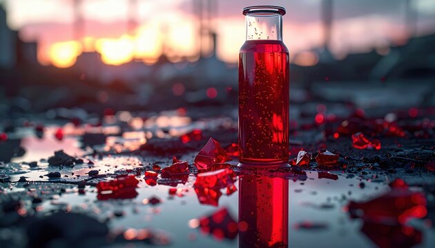 Close up of vertical glass vial filled with bubbling red liquid standing on wet ground surrounded by scattered red shards