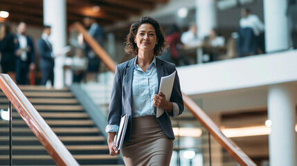 Fototapeta premium Professional businesswoman walking through modern office building, carrying documents, depicting corporate leadership and career ambition