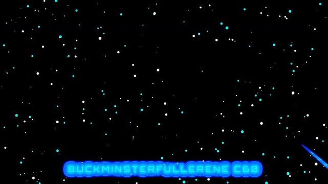 Buckminsterfullerene C60 Molecule Animation: A 3D scientific visualization showing glowing carbon buckyball molecules floating in a starry space field