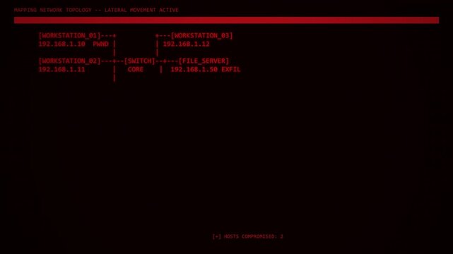 Red CRT Malware Network Topology Map ASCII Lateral Movement Node Compromise Loop Motion Graphic