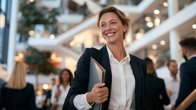 Businesswoman walking through a modern corporate lobby, holding a folder, smiling with confidence and determination