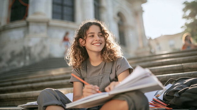 Happy student girl sketching outdoors on city stairs, enjoying drawing and art education on a sunny day