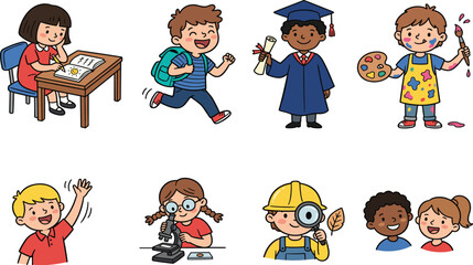 Cute school children and education vector characters set with students studying graduating painting running and using microscope isolated on white background