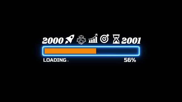Futuristic Neon Loading Progress Bar with New Year 2000 to 2001 Countdown and Business Icons 4k video