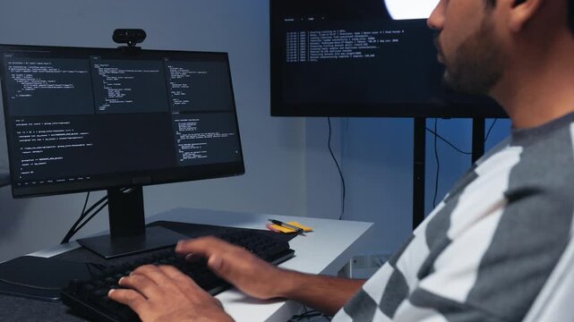 Programmer Hands Typing on Computer Keyboard with Screen Displaying Lines of Code in Development Office. Programmer Working on Software Program with Computer Screen Showing Programming Interface.