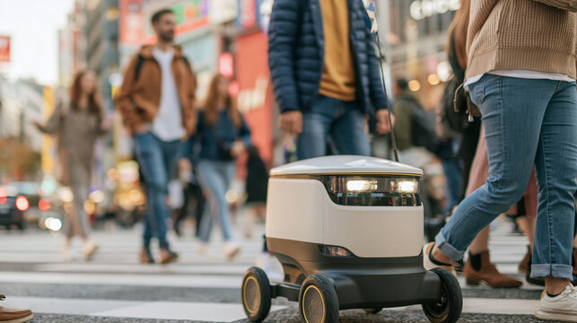 Autonomous delivery robot navigating a busy city street crossing with pedestrians, representing future logistics and technology