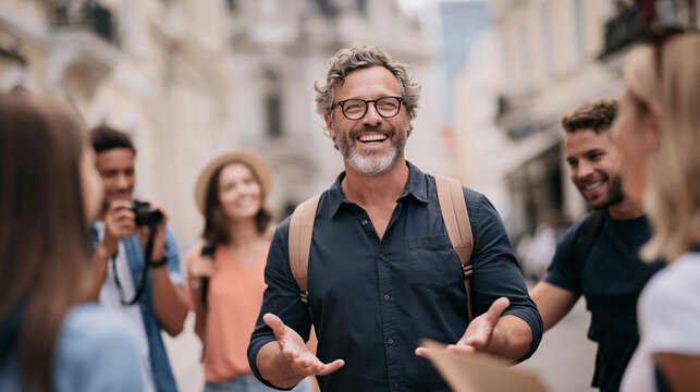 Happy male tour guide talking with diverse tourist group exploring city street during travel adventure
