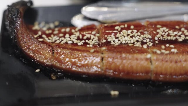Close-up of grilled Japanese unagi eel topped with toasted white sesame seeds and a sweet soy glaze. Traditional kabayaki style eel served on a dark plate. Shallow depth of field focus.