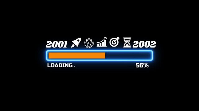 Futuristic Neon Loading Progress Bar with New Year 2001 to 2002 Countdown and Business Icons 4k video