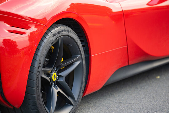 Żory, Poland &ndash; 08/02/2026: Red Ferrari Supercar Displayed at a Public Automotive Event
