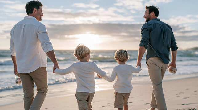 Parents holding hands with their young sons, strolling along the shore during golden hour, sharing love and togetherness