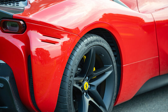 Żory, Poland &ndash; 08/02/2026: Red Ferrari Supercar Displayed at a Public Automotive Event
