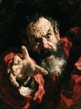 Venetian Renaissance oil painting of a fervent prophetic figure in extreme foreshortening