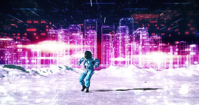 Astronaut dancing on alien planet surface with holographic digital city background. Abstract Digital Space City Concept.