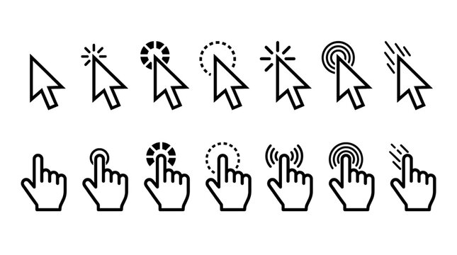 Collection of computer mouse cursor and hand pointer icons for web interface design and user interaction navigation