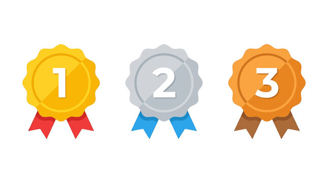 Set of gold silver and bronze award medals with ribbons for first second and third place ranking in flat vector style