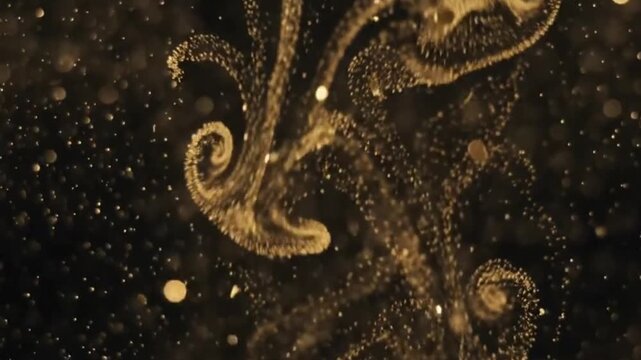 Macro cinematic shot of golden dust particles falling slowly in a hypnotic cascade motion