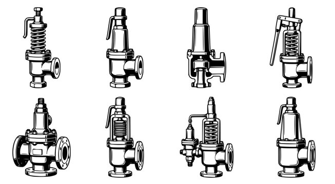 Industrial pressure relief valves technical line art set showcasing various hydraulic system control mechanisms and safety release hardware for engineering and manufacturing process flow diagrams