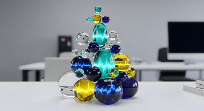 Pyramid stack of metallic gold and translucent blue glass orbs on white table in modern office